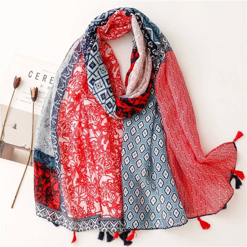 2024 Fashion Aztec Floral Thin Tassel Viscose Shawl Scarf Lady Print Soft Pashmina Stole Wrap Snood Bufandas Muslim Hijab Sjaal