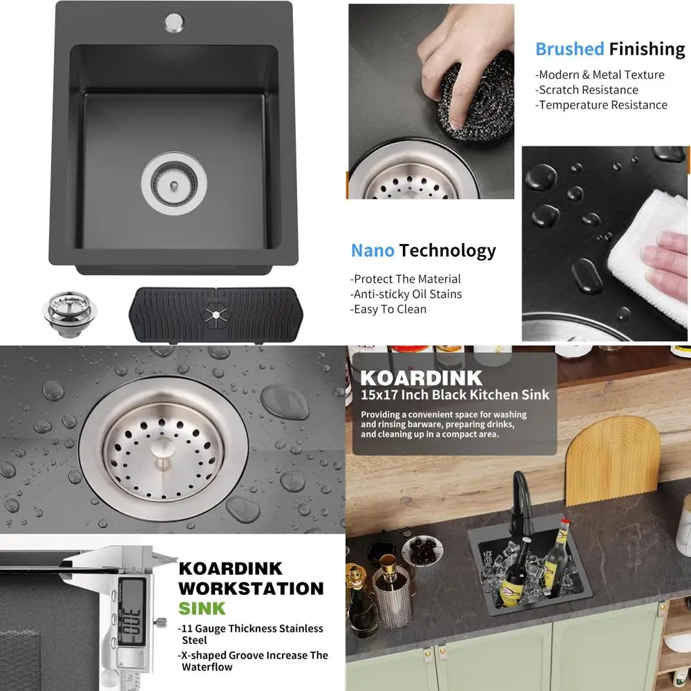 

Кухонная и барная мойка из нержавеющей стали 15x17 дюймов, встраиваемая, с одной чашей, с силиконовым ковриком и набором для слива