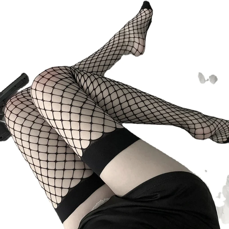 Bas de cuisse hauts pour femmes, bonneterie Sexy, filets en maille ajourés, bas en résille, collants en Nylon noir et blanc