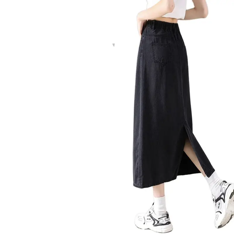 

Woman Denim Skirts Vintage Pregnancy Long Skirts Black Summer Maternity Belly Skirts Ankle-length High Waist Back Split Pregnant