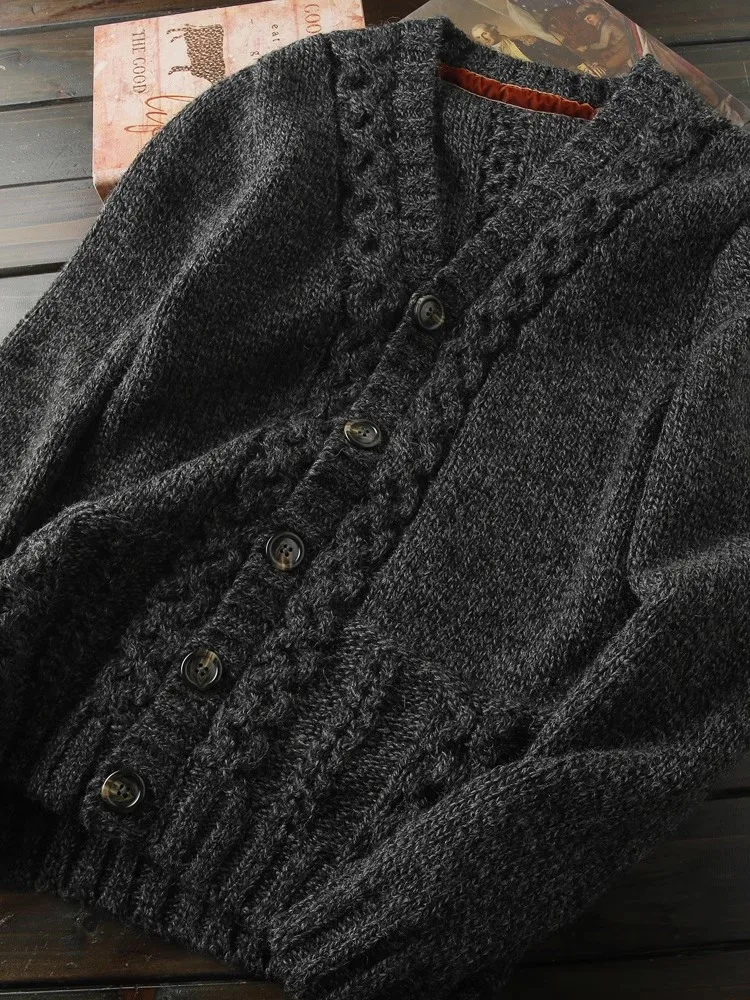 Vintage Mens Thick Wool Sweater Coat V Neck Single Breasted Autumn Winter Knitted Cardigan Italian Designer Warm Casual Knitwear