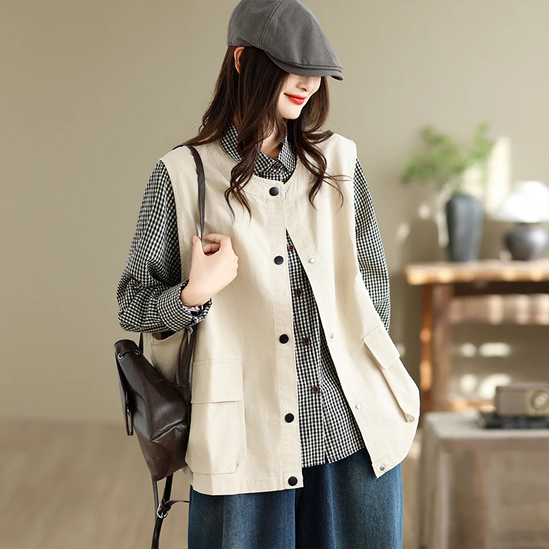 Women's Retro Style Workwear Washed Cotton Vest Jacket Casual Stand Collar Shoulder Pad Short Outerwear Thin Model