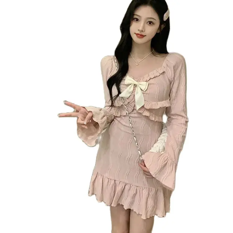 Dress A-Line Square Collar Bow Flare Sleeve Pink Sweet Elegant Fashion Slim Prom Gown High Street One-Piece Frocks Short Skirt