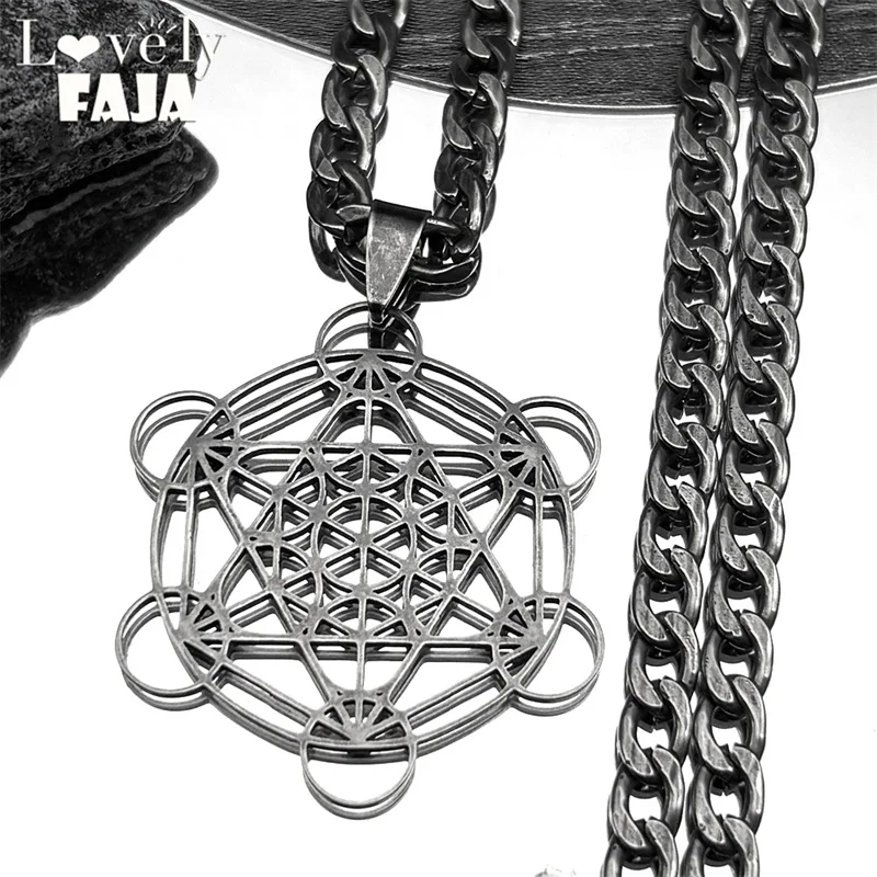 Yoga Hindu Buddhism 7 Chakra Stainless Steel Necklace Sacred Geometry Angel Seal Metatron Symbol Black Color Necklace Jewelry