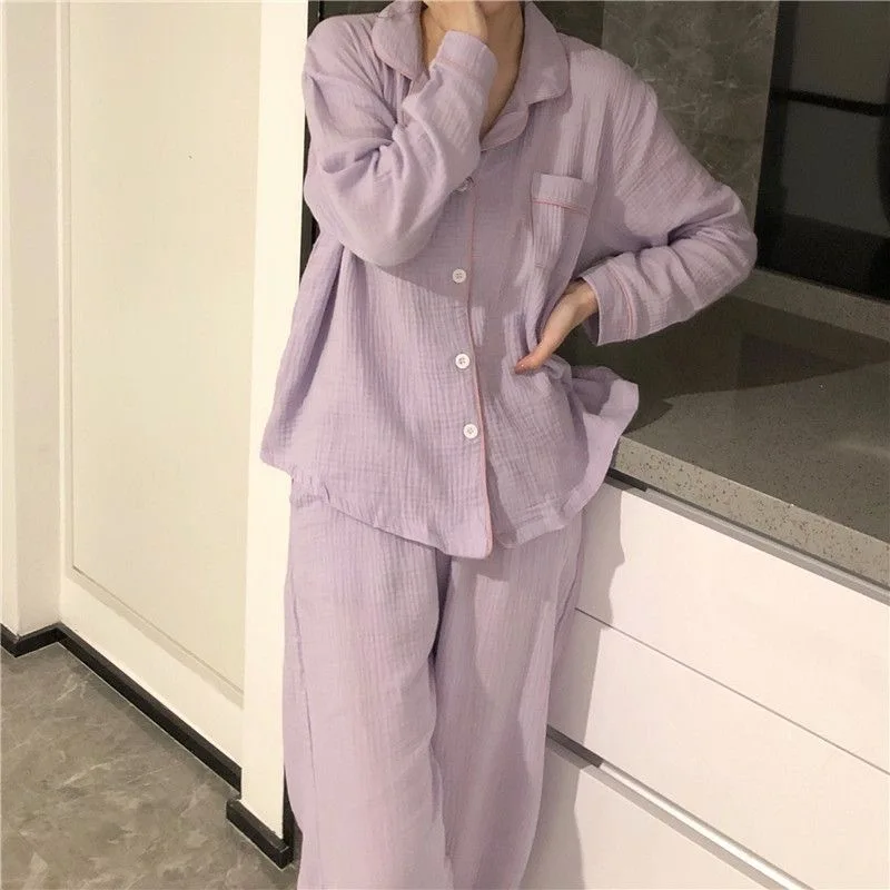 New Women\'s Rustic Style Floral Lapel Cardigan Pajamas Loungewear   Ladies Imitation Cotton Wrinkled Fabric Girl Sweet Set Women