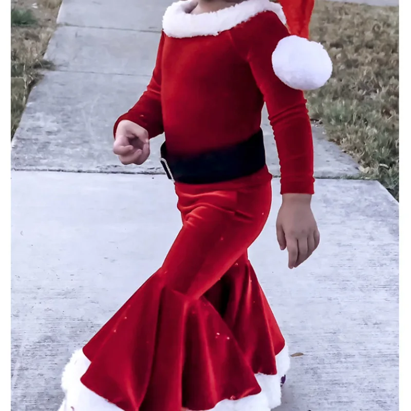 Kids Christmas Elves Costume for Girls Boys Carnival Party Santa Claus Long Sleeves Top+Pants+Hat 2025 New Year Clothes SetP