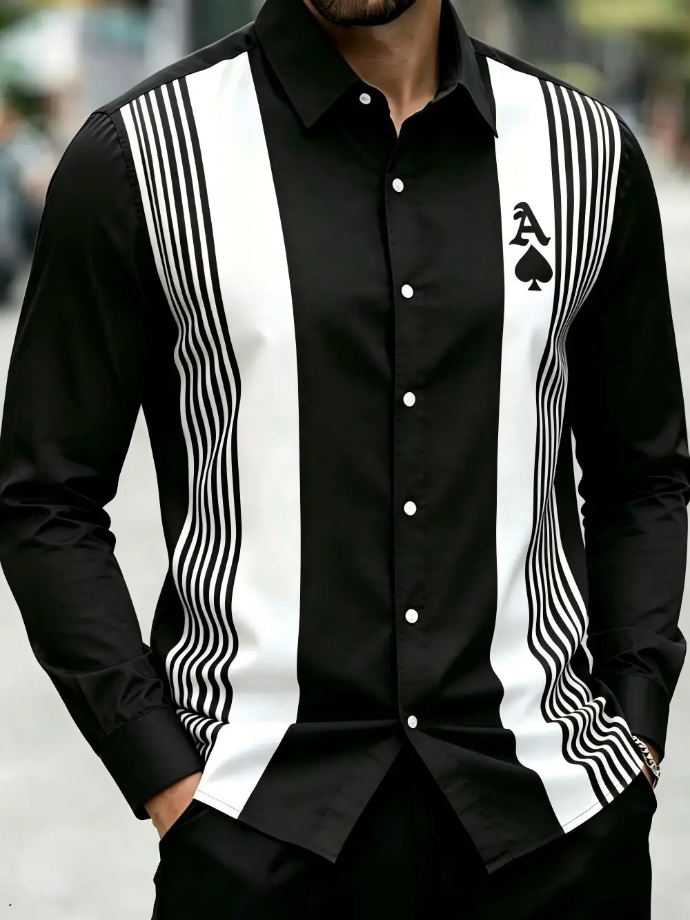 Men's summer casual black and white striped poker Ace spade print shirt, long sleeved button neck retro night party top
