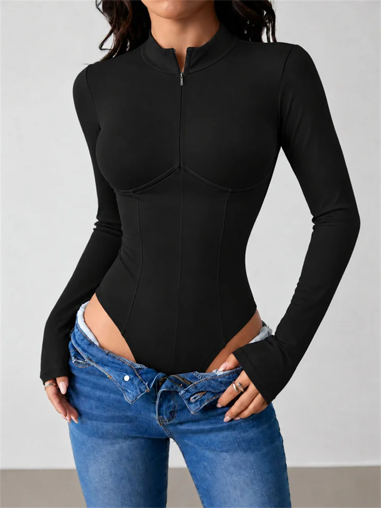 Shestyle Zipper Fly Solid Basic Bodysuits Women Slim Skinny Mock Neck Full Sleeve Sexy Clubwear Sporting Casual T-Shirt Tees