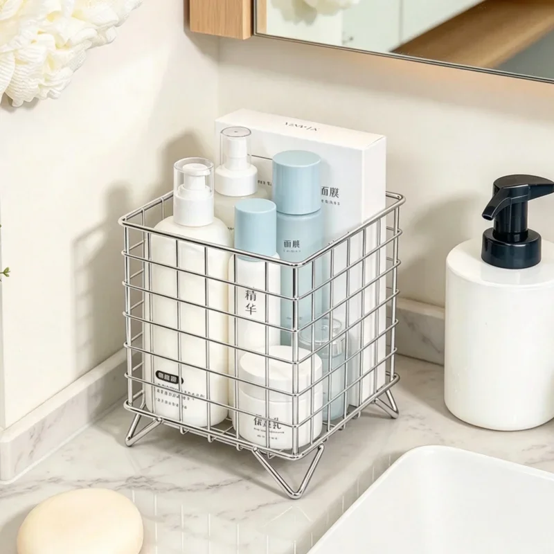 Metal Wire Grid Storage Basket With Elevated Stand Desktop Organizer Bin Household Storage Holder For Bathroom Kitchen Office