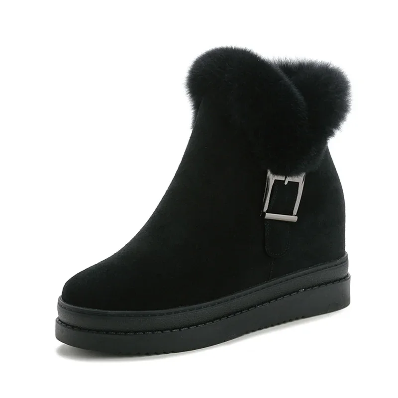 New Winter Shoes Women Snow Boots Height Increasing 7.5cm Flat Warm Plus Genuine Leather Women Ankle Boots Pure Black DX188