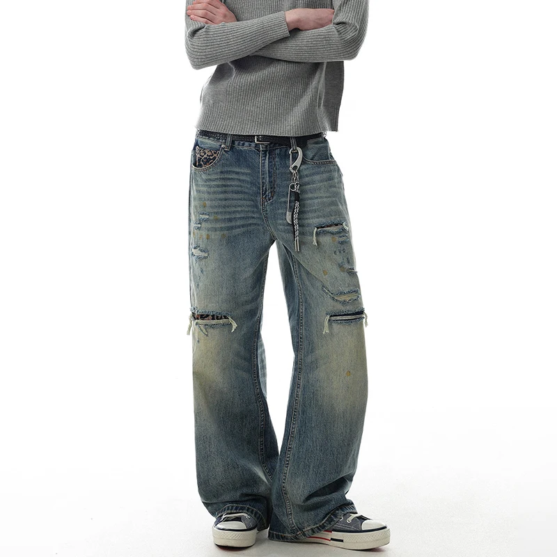 LUZHEN 2026 New Broken Hole Wornout Design Vintage Straight Jeans Men's Fashion Street Leopard Print Pockets Denim Pants JY9251