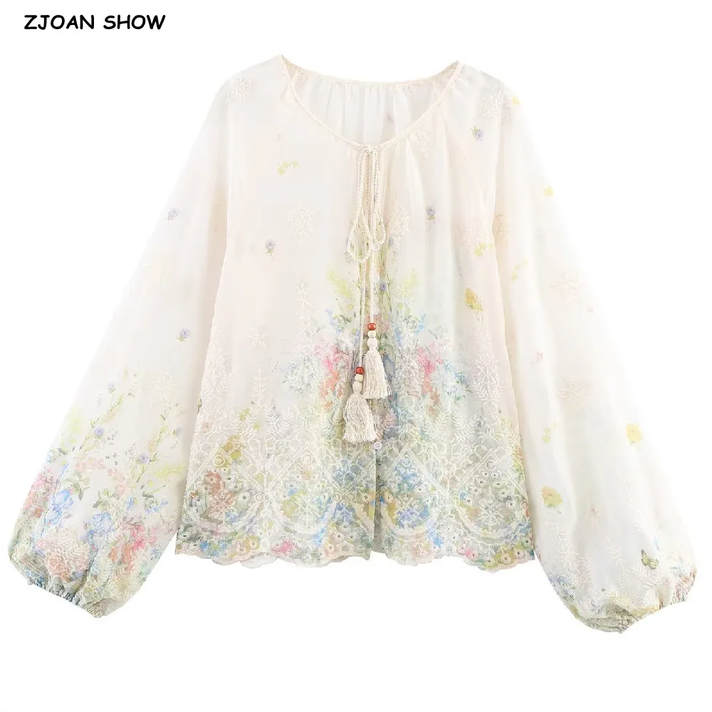 

2025 BOHO Tassel Lacing up O neck Embroidery Tie dye Floral Lantern Sleeve Shirt Women Single-Breasted Button Blouse Causal Tops