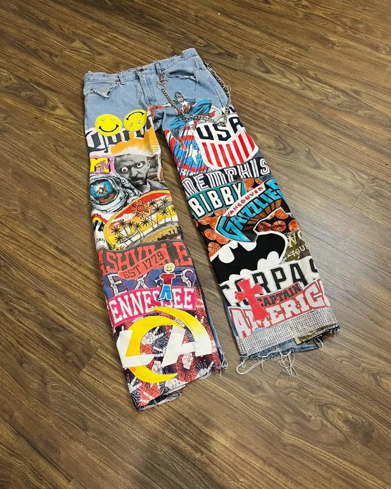 

Fashion Washing Fashion Cartoon Printed Oversized Jeans Men Y2k Gothpunk Street Hip Hop Rock High Waist Wide-leg Pants Women