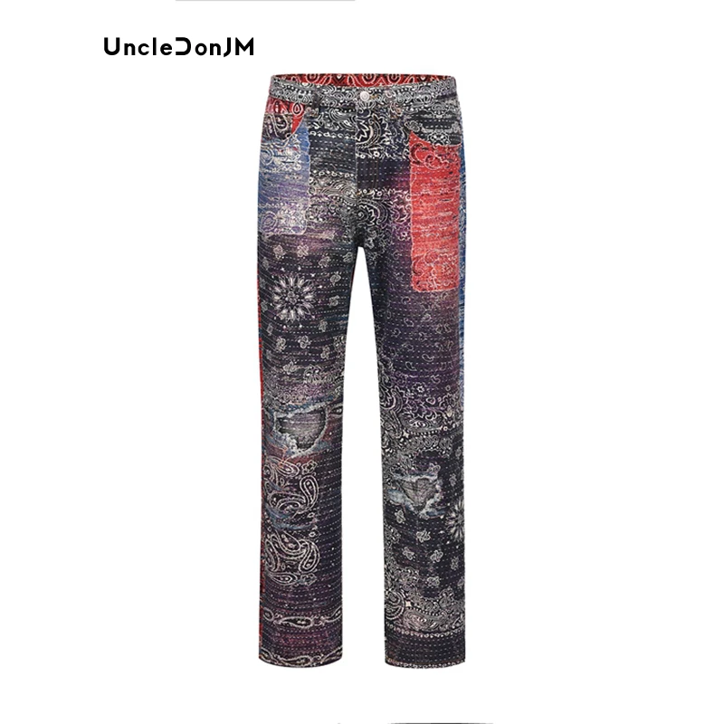 3D Digital Printed Cashew Jeans for Men Flower Gradient Retro Denim Casual Loose Hip-hop Straight Jeans Graphic Y2k