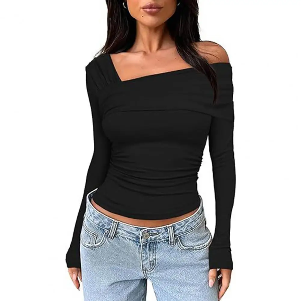 Fashion Blouse Women Tops Off Shoulder Ruched Long Sleeve Top Classy Commuting Style Slim Fit Elegant Shirt Women 2023