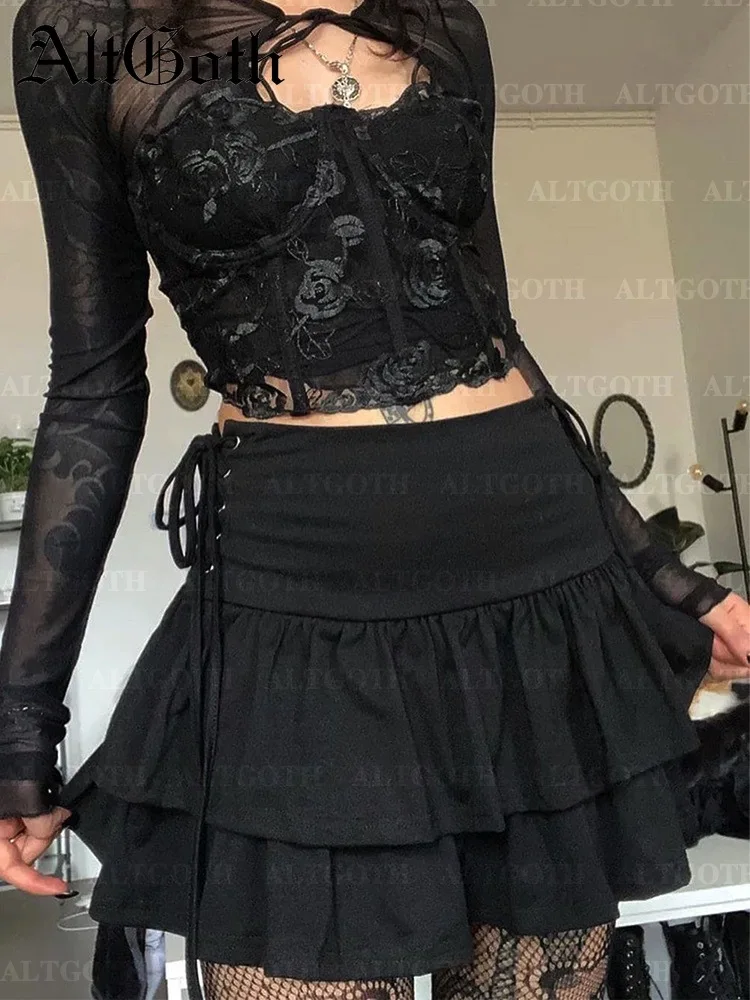 

AltGoth Y2k Gothic Cake Skirt Women Dark Punk Streetwear Bandage High Waist Skirt Harajuku Grunge Emo Alternative Clubwear Skirt