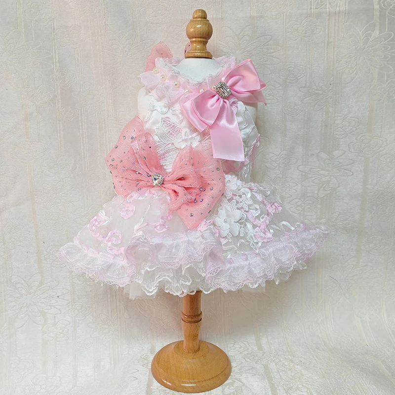 Princess Dress for Small Medium Dogs Chihuahua Fashion Hollow Lace Flower Design Sling White Pink Pet Clothes