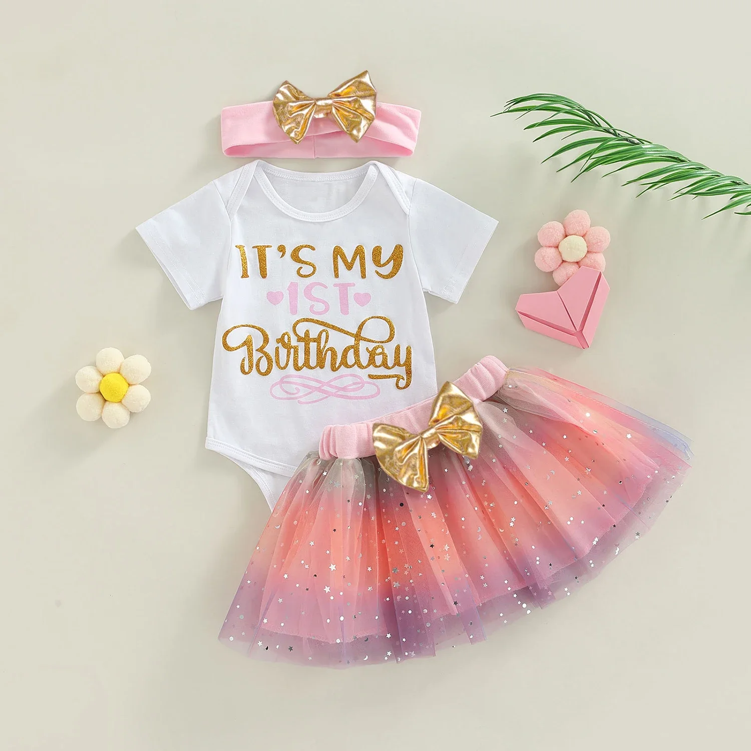 It\'s My 1st Birthday Baby Girl Birthday Party Dress Pink Tutu Cake Dresses + Romper Set Outfits Girls Summer Clothes Jumpsuit