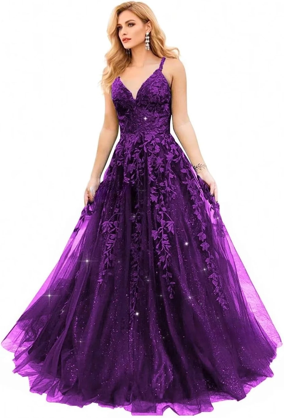 سباركلي تول فساتين لحضور الحفلات الموسيقية 2025 دانتيل زينة طويلة الكرة ثوب السباغيتي الأشرطة الخامس الرقبة مشد ثوب مسائي رسمي