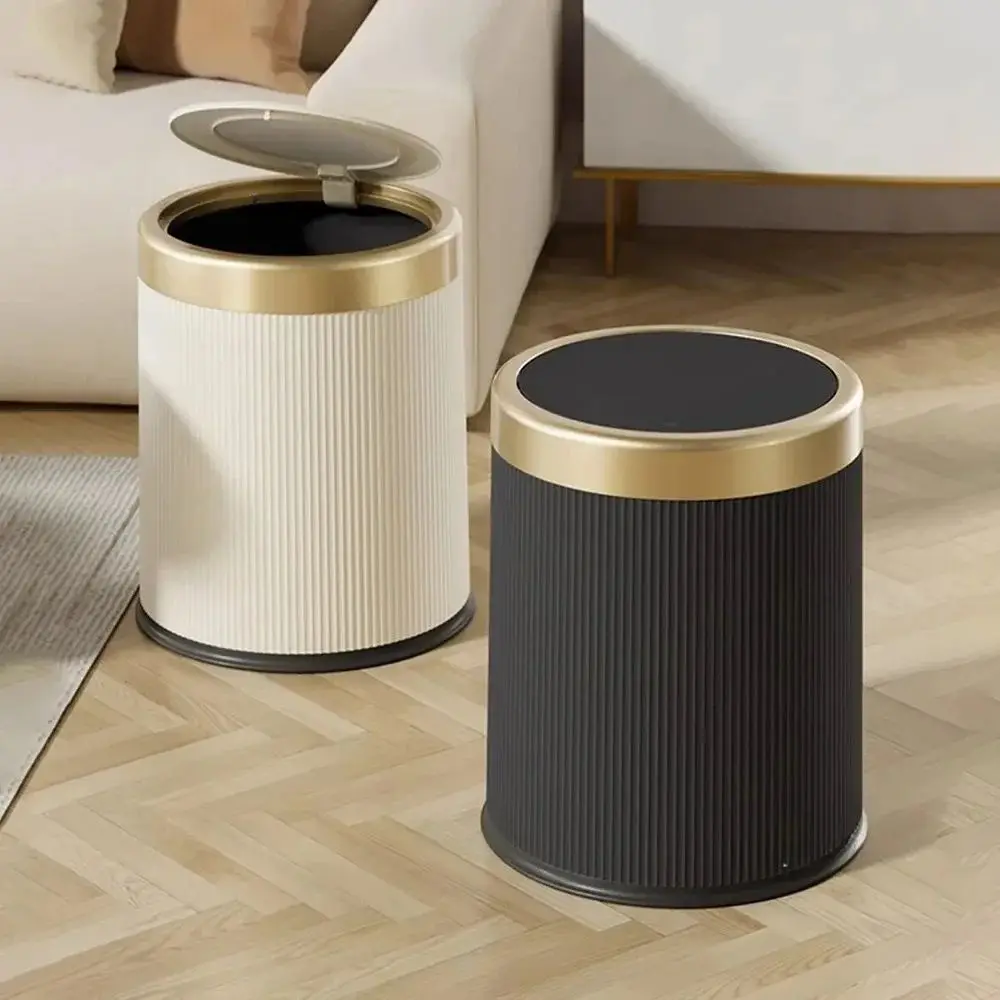 12L Light Luxury Bathroom Trash Can With Lid Press Type Round Garbage Can Plastic Trash Bins For Toilet Office Bedroom Kitchen