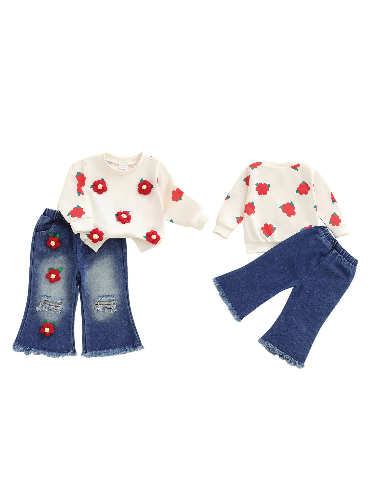 

Adorable Toddler Girl Autumn Ensemble 3D Crochet Flower Long Sleeve Round Neck Sweater Elastic Waist Denim Trousers 2 Piece