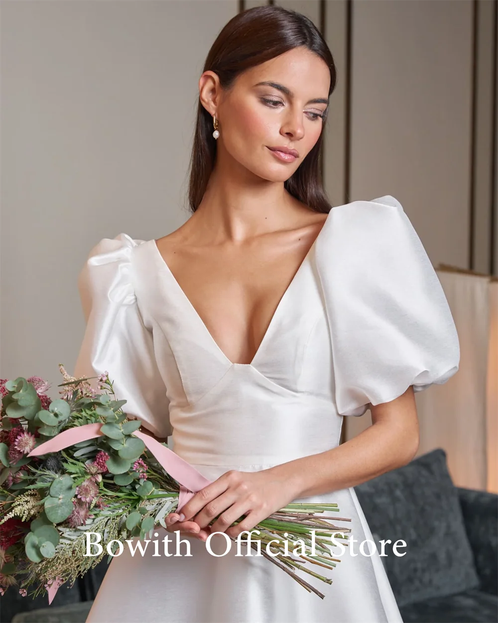 Bowith Satin Short Wedding Party Dresses V-Neck Short Sleeves A-line Mini Bridal Gown Customized Beach vestidos de novia