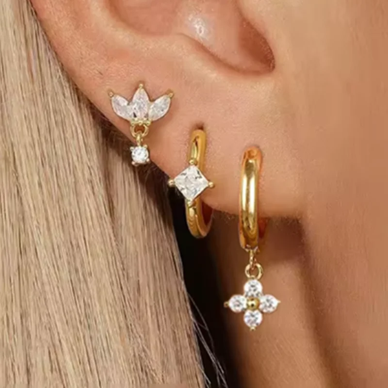 3PCS Crystal Flower Tragus Stud Earring Set Women Fashion Square Huggie Hoop Earring Bulk Cartilage Helix Jeweley Lobe Piercing
