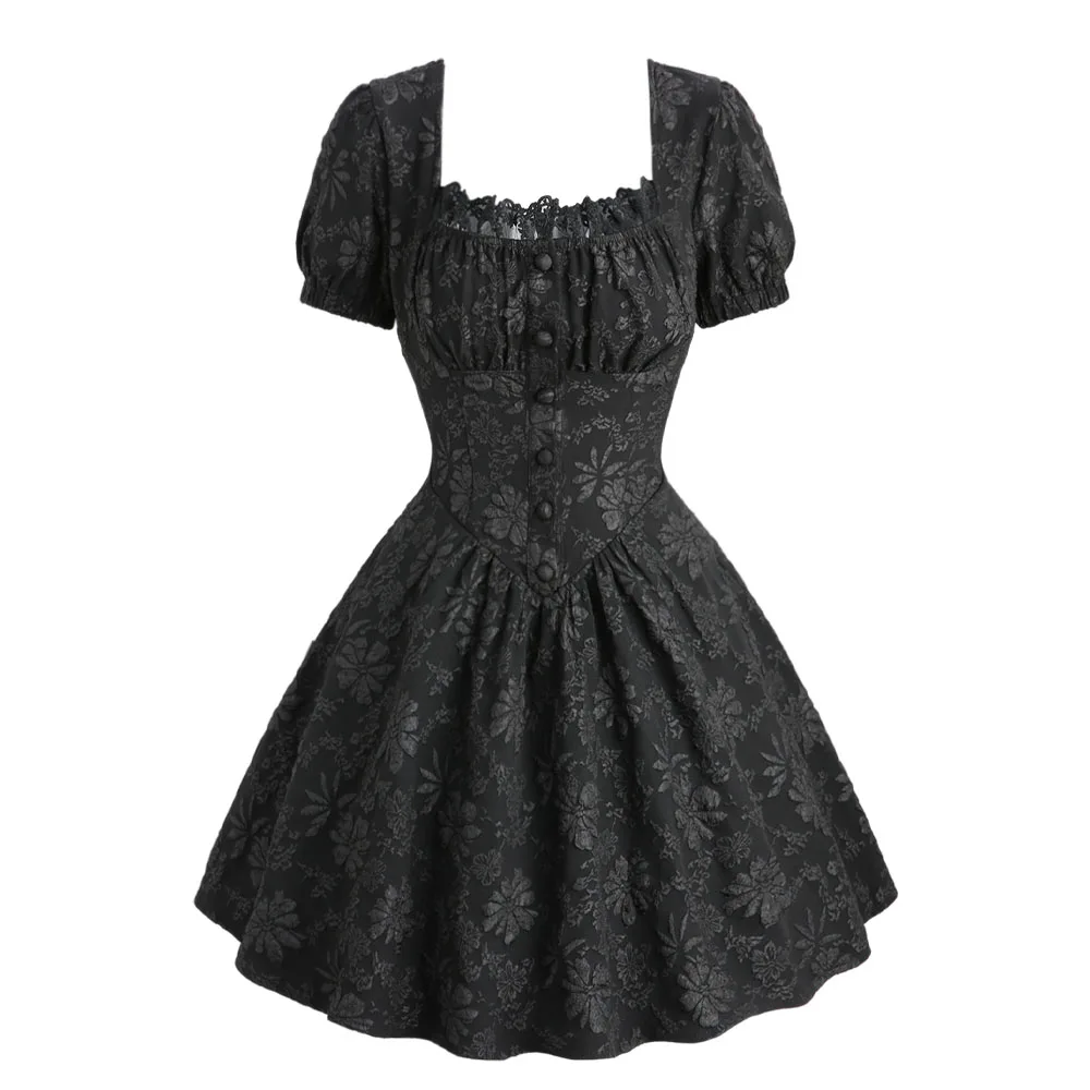 ROSEGAL Gothic Lolita Mini Dresses, Chrysanthemum Floral Jacquard, Ruched Bust, Half Buttons, Women's Black A-Line Dress Vestido