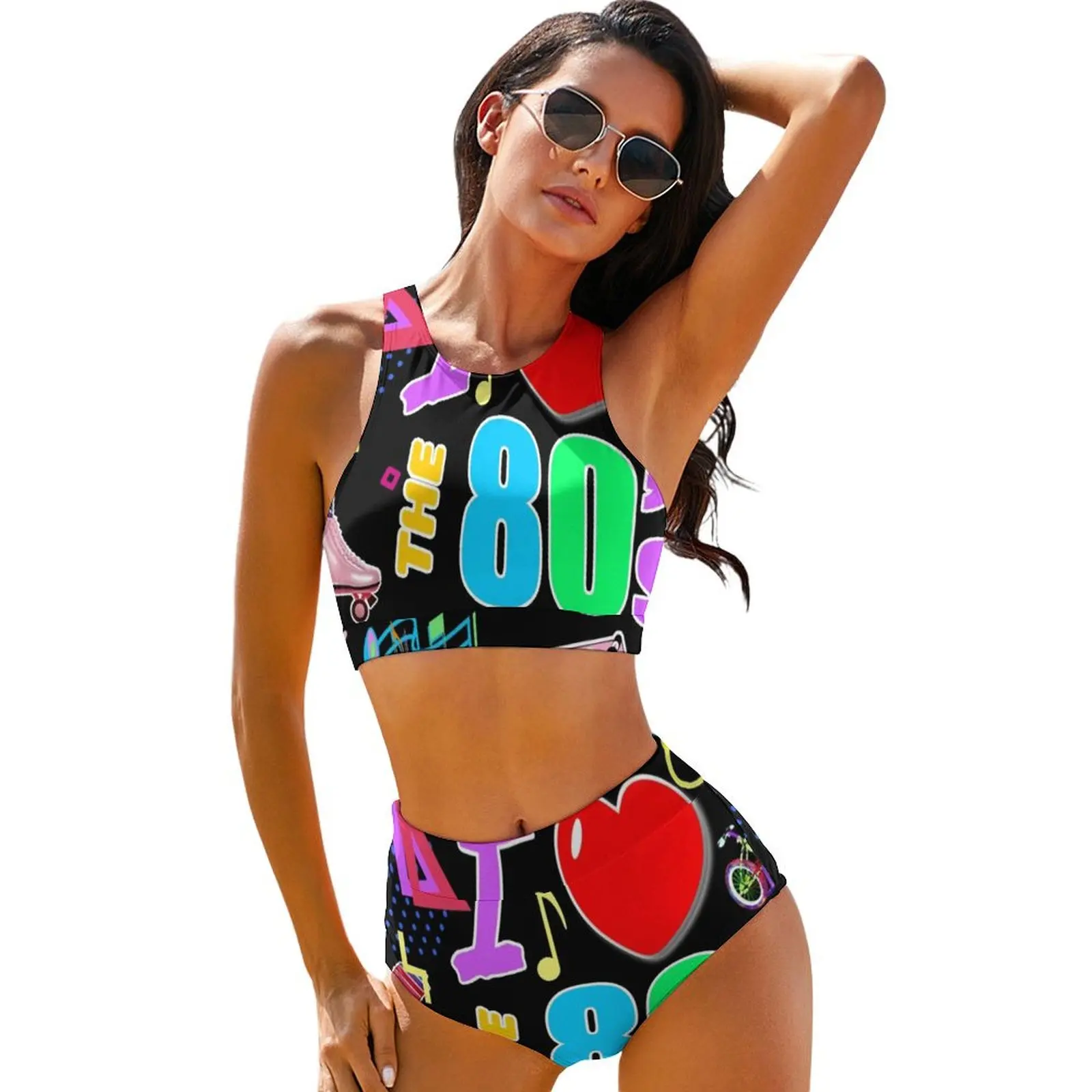

I Love The 80S Retro Heart Bikini Swimsuit Sexy Cute Graffiti High Waist Bikini Set Women Swimwear Push Up Design Bathing Suit