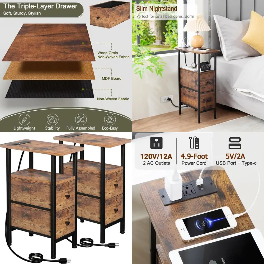 

Compact Charging Nightstand, Pair of Living Room End Tables, Thin Side Table with Fabric Drawers, Slim Sofa Table for Small Spac