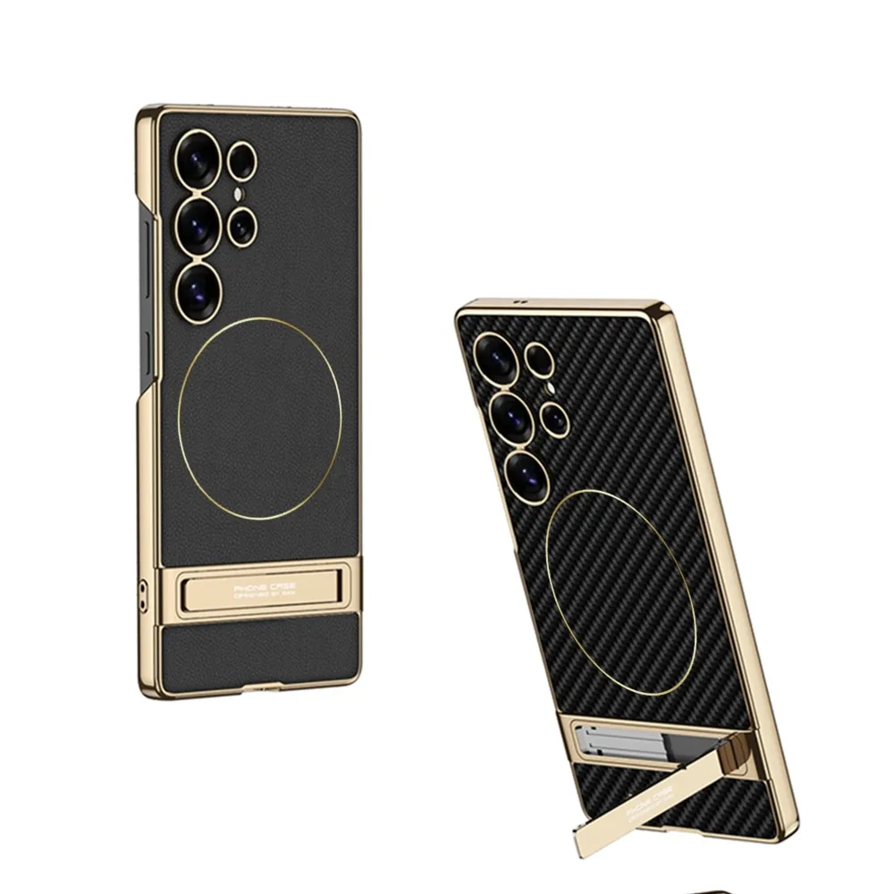 

Electroplated PU Leather Hard Phone Case with Invisible Stand For Samsung Galaxy S25 Ultra For Magsafe Magnetic Shockproof Cover