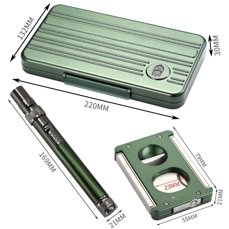 Humidor three-piece set, multi-functional windproof lighter, large diameter cigar cutter, cigar set