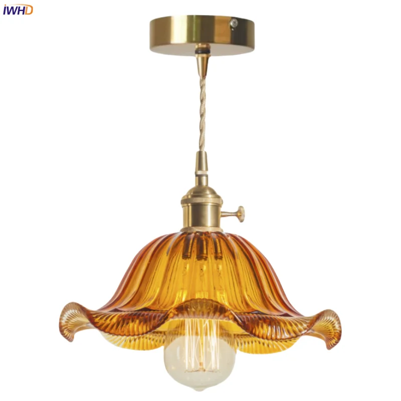 

IWHD Nordic Brown Glass LED Pendant Lamp Bar Loft Cafe Bedroom Restaurant Living Room Vintage Copper Pendant Light Decoration