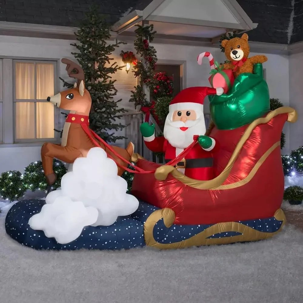 

Gemmy 9.5' Wide Christmas Inflatable Santa's Flying Sleigh with Reindeer and Bag of Toys Indoor/Outdoor Holiday Outdoor Decorati