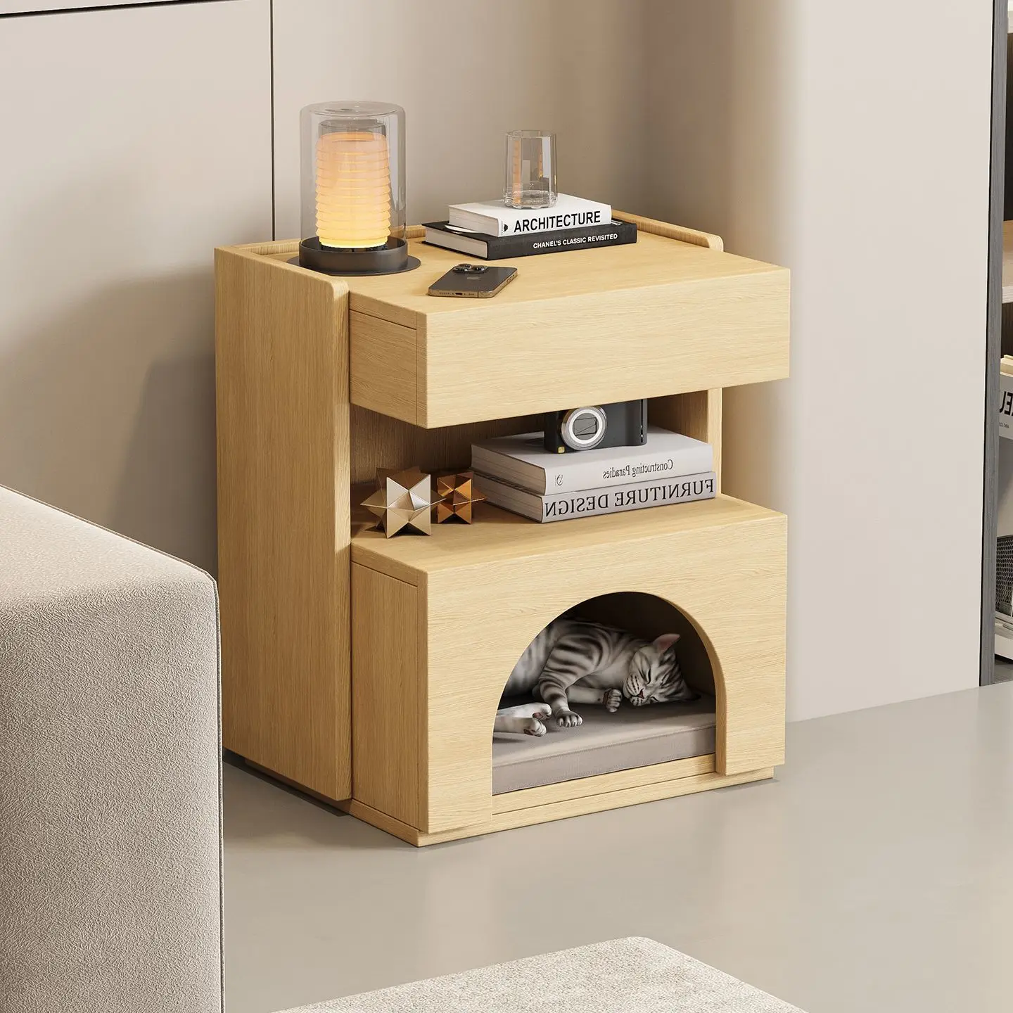 Modern Floating Drawer Nightstand with Built In Cat Cave Walnut Finish Bedside Table with Open Shelf for Bedroom