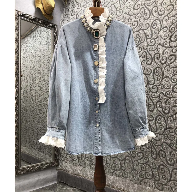 Boutique Wholesale 2024 Autumn New High Grade Feeling Nail Bead Lace Splicing Denim Loose Casual Women's Shirts