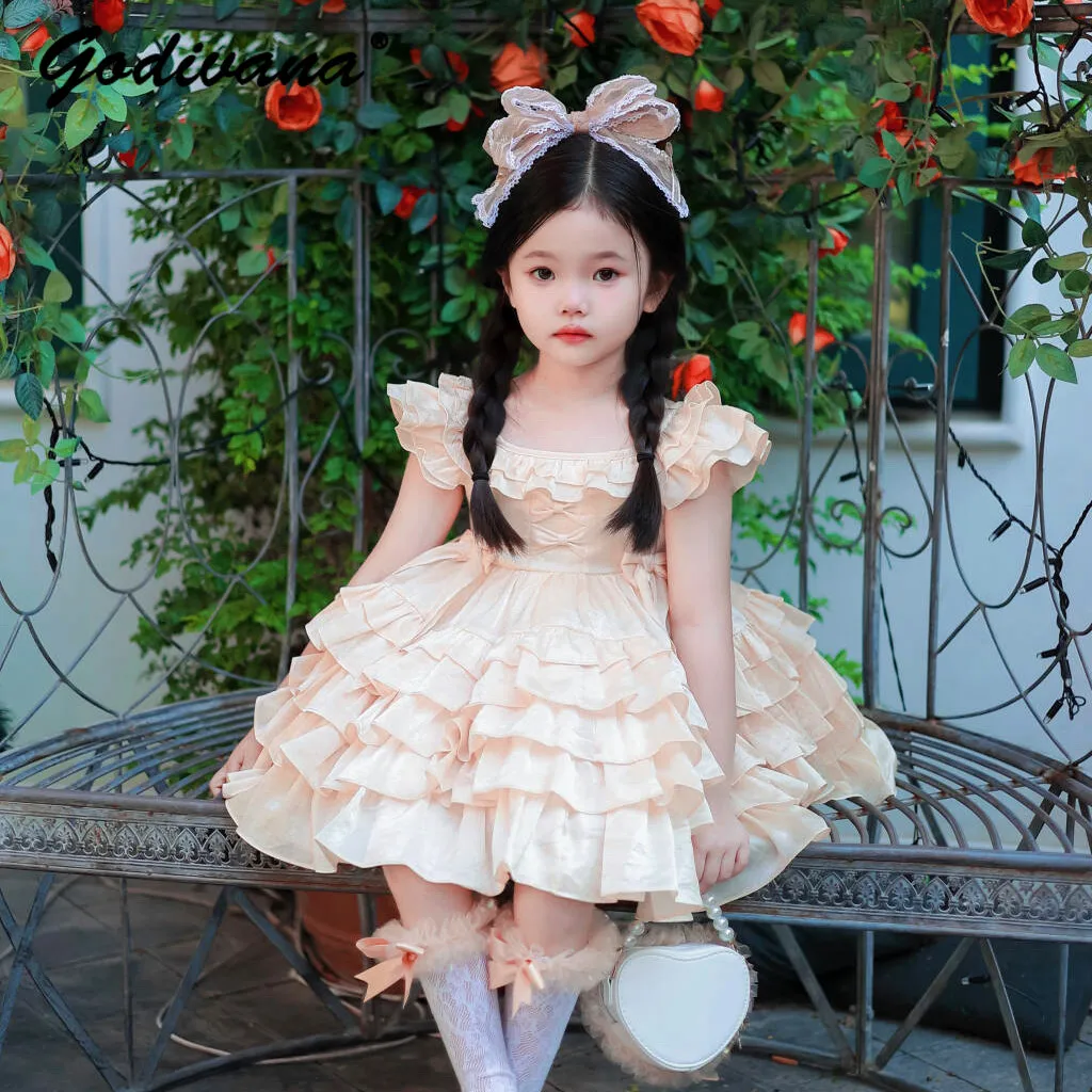 Sweet Baby Girls High End Champagne-colored Princess Dress 2026 New Summer Toddlers Ruffle Trim High Waist Birthday Cake Gown - view 3