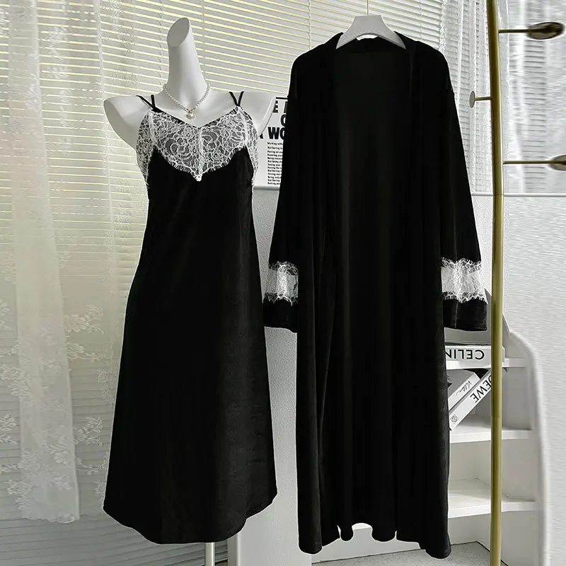 

Black Lace Patchwork Robe Suit Women Long Spaghetti Strap Long Kimono Gown Warm Velour Sleepwear Autumn Winter New Nightdress