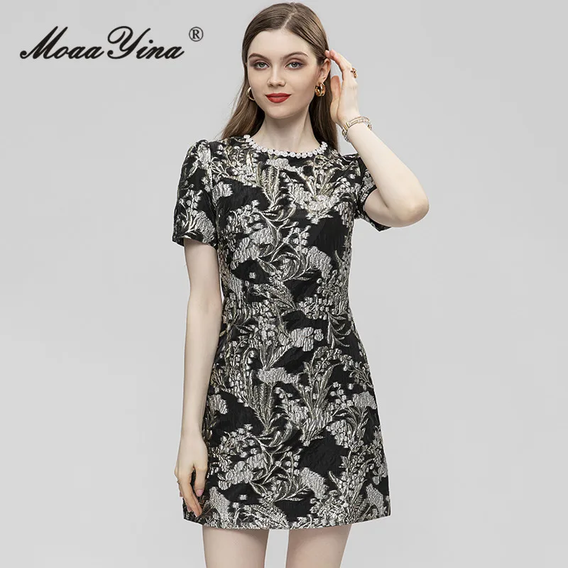 

MoaaYina Summer Fashion Designer Dress Women O-Neck Short Sleeve Diamonds Jacquard Elegant Loose Fit Buttock Covering Mini Dress