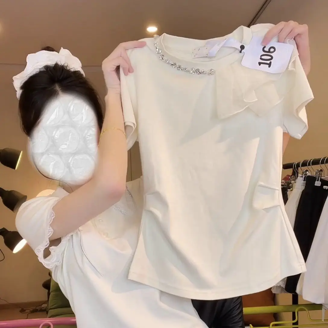 Summer Women's Clothing New Solid Color Simple Wind Splicing Waist Slim-fitting Versatile Round Neck Short-sleeved T-shirt