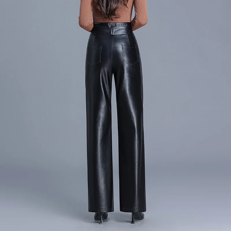Autumn and Winter New Solid Color High Waist Pu Leather Pants, Fashion Straight Leg Long Pants, Casual Loose Wide Leg Pant Women