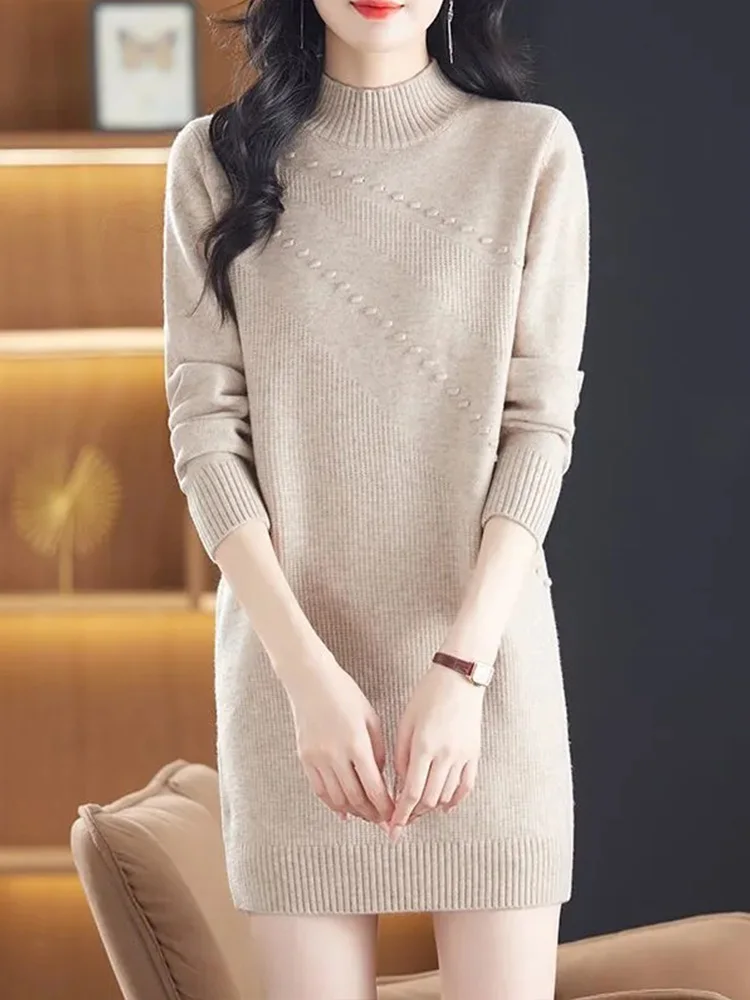 

Women's Thiened f-High Collar Sweater Loose Fit Mid-Length Base irt Autumn Winter New Sle Knitted Top Pure Color