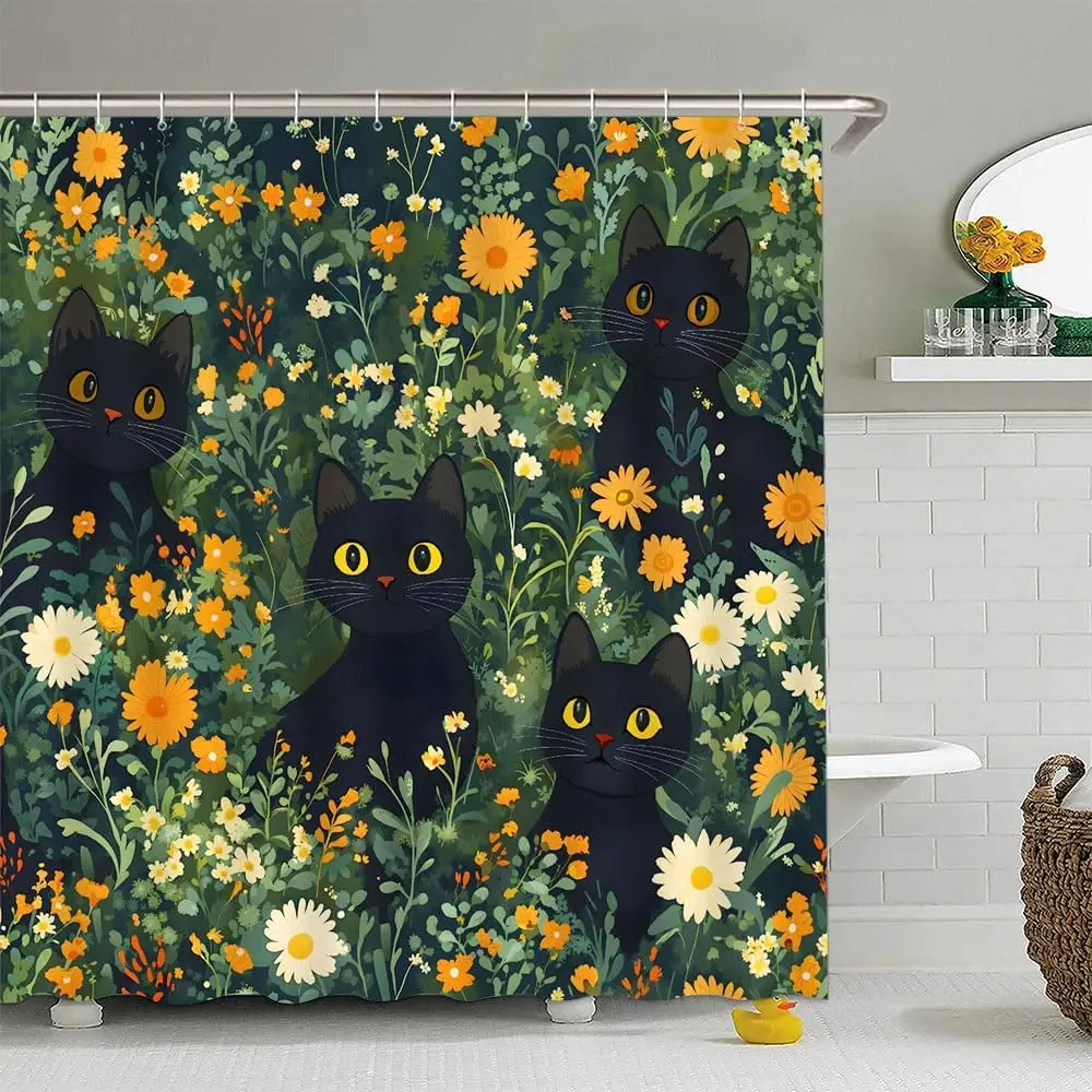 

Зеленые листья, черный кот, занавеска для душа, полевой цветок, бохо, деревенский котенок, милый котенок, любитель домашних животных, фермерский дом, желтые цветочные фермерские животные