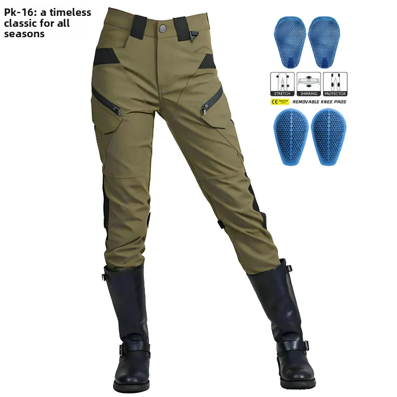 Fashion High Waist Army Green Women Motorcycle Riding Jeans Windproof Waterproof Anti Fall Motorbike Pants With Silicone Gear