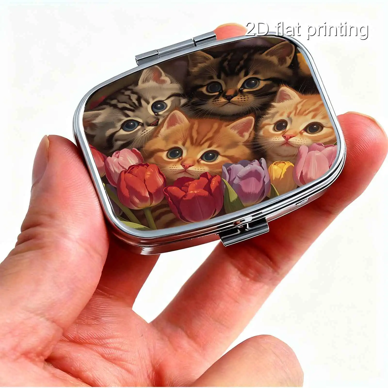 Portable Metal Material, Square Design with Tulip Flower and Four Kittens Print, Gentle Macaron Pastel Color Square Style Design, Portable Small Pill Box, Capsule Box, Pocket-Sized Pill Box, Compact Pill and Capsule Organizer with Compartments, Convenient for Storage, Ideal for Gift-Giving, Portable and Easy to Carry