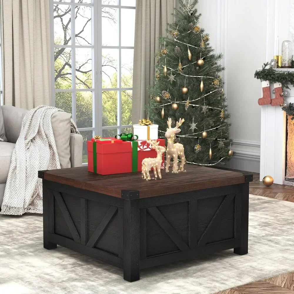 Farmhouse Lift Top Coffee Table with Storage, Wood Square Center Table with Charging Station&USB Ports