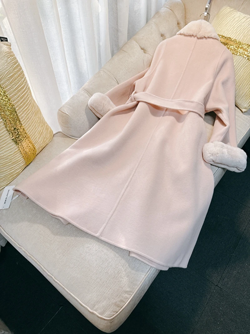 Ele الوردي الأرنب الفراء طوق الوجهين الصوفية معطف طويل خمر لطيف ميسي برينك Sle المرأة Faion معطف الشتاء