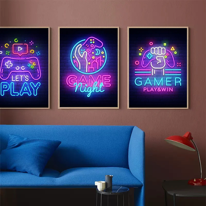 Gaming Quotes Game Night Love Game Neon Art Poster Canvas Painting Abstract Wall Art For Playroom Home Decoration Cuadros No LED