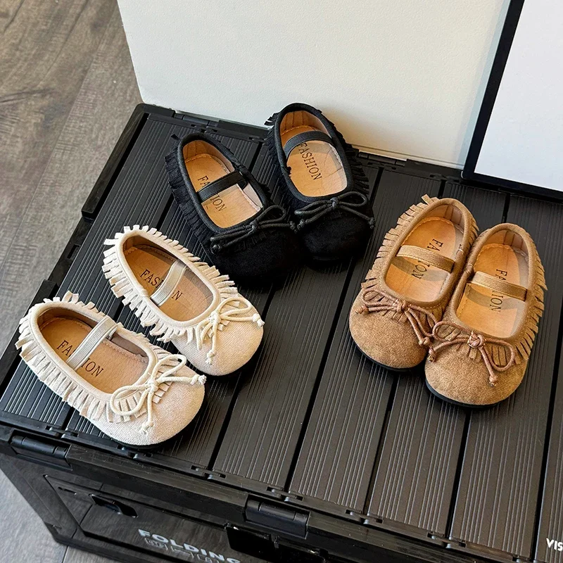 

New Children's Flats 2026 Spring Autumn Kids Causal Shoes Fashion Solid Color Versatile Bowtie Girls Slip-on Loafers