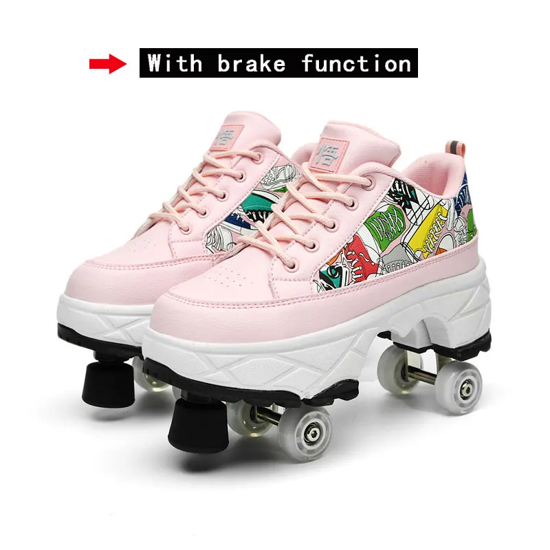 Pu Leather Four-Wheel Roller Skate Shoes Casual Deformation Parkour Sneakers For Rounds Adult Kids Of Running Sport Shoes